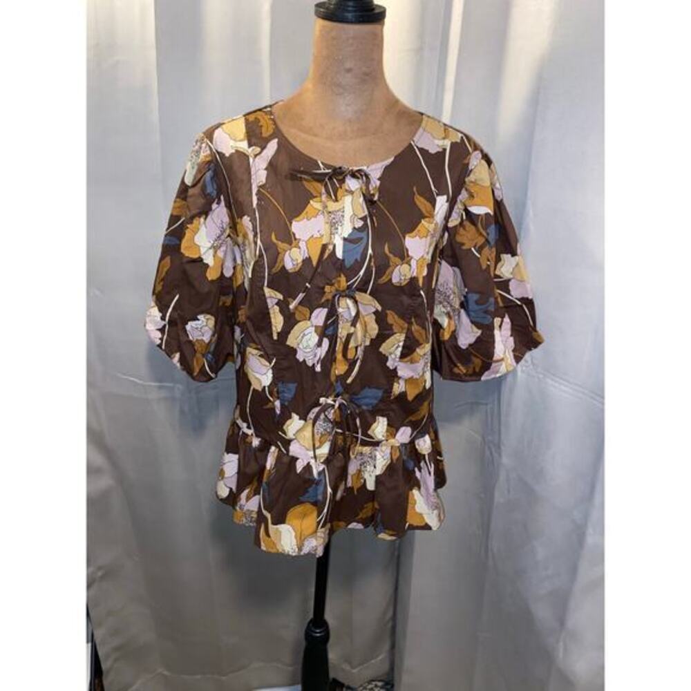 Melloday Floral Peplum Blouse Brown Boho Tie Front Size L NWT